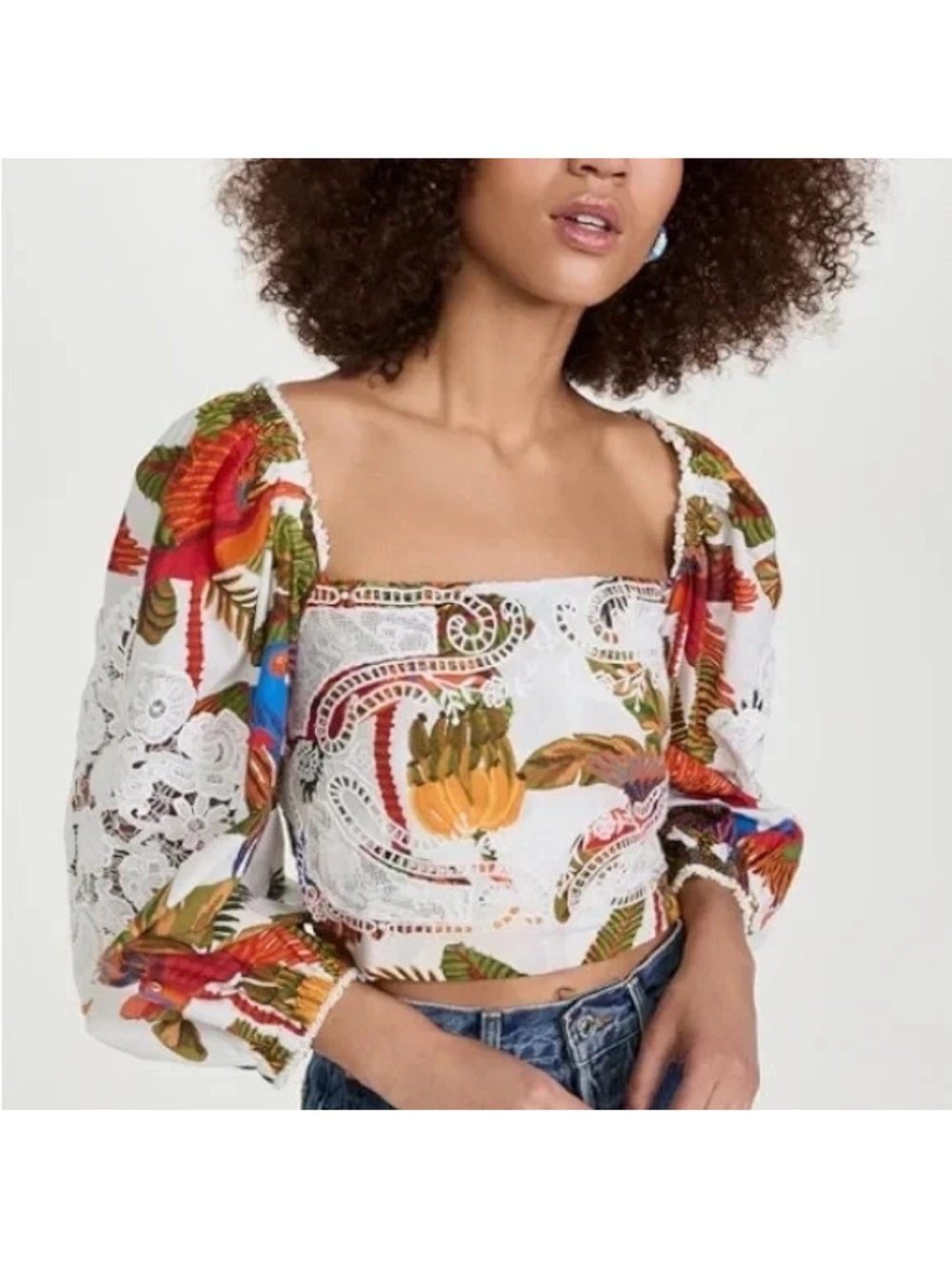 FARM Rio White Eyelet Crop Top with Multicolor Tropical Print flaw